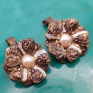 Vintage Damascene Gold Floral Vintage Clip Earrings with Faux Pearl Accent